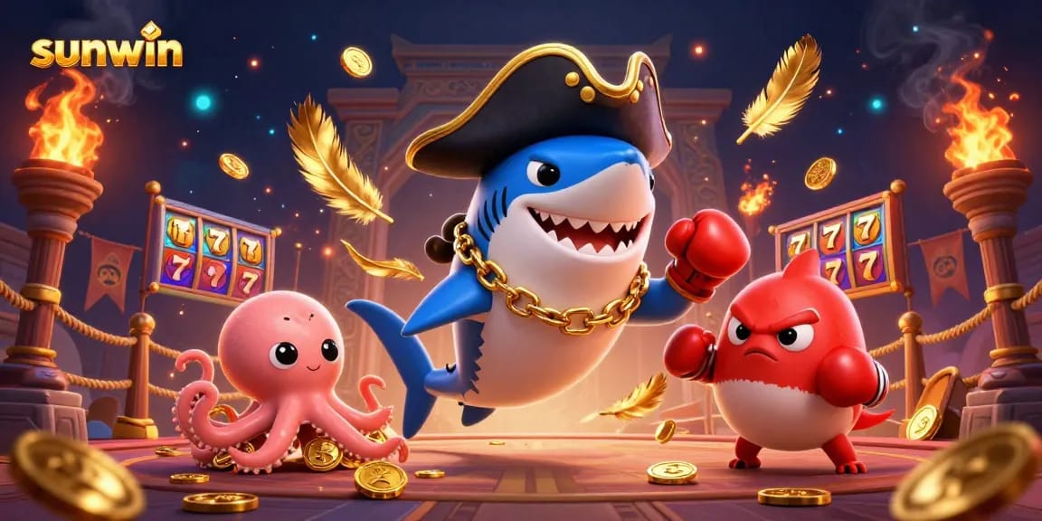Play slots and win with sunwin, featuring a pirate shark, pufferfish, and octopus in a thrilling casino scene.