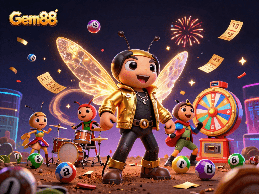 Gem88 showcases an electrifying casino scene with a cicada rock star, vibrant lottery elements, and gaming atmosphere.