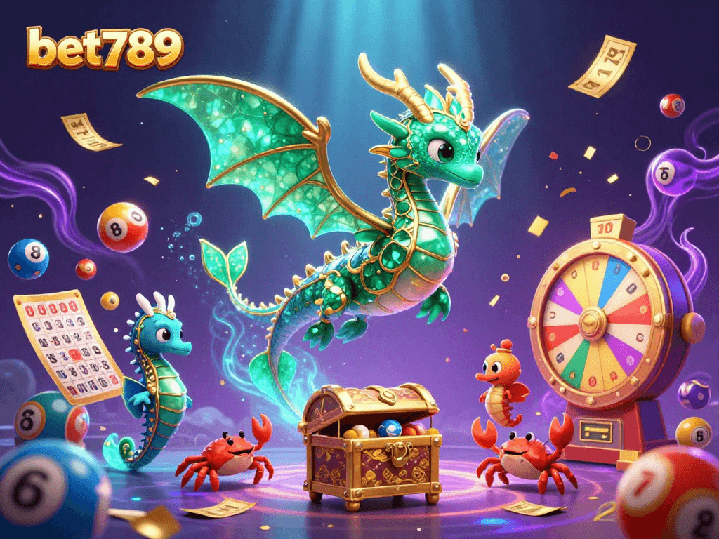 Witness the enchanting bet789 scene with a jeweled sea dragon and energetic gaming elements.