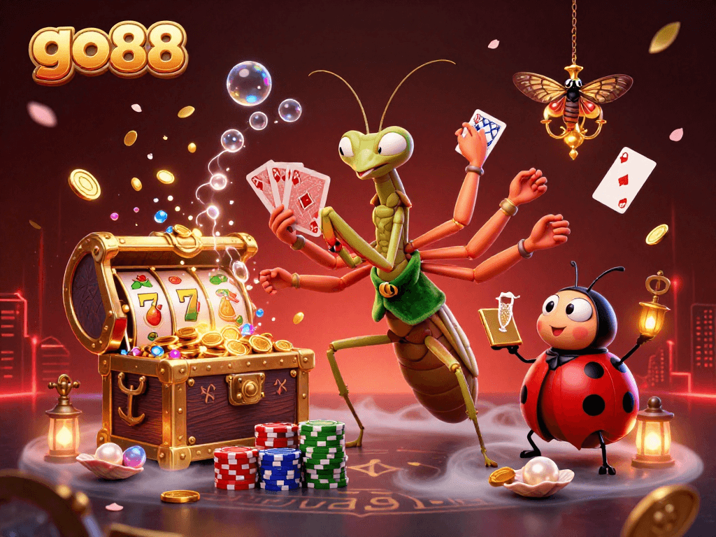 Experience go88's vibrant gaming atmosphere with a giant mantis dealer and a lively casino scene.