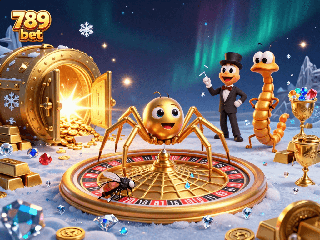 Win big with 789 bet as a golden spider spins a roulette-inspired web in a vibrant casino scene.