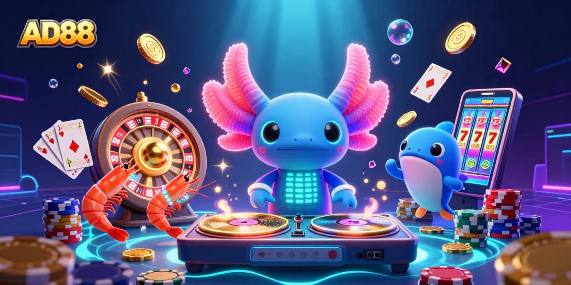 Join the fun with AD88 as axolotl DJ spins, surrounded by vibrant casino elements.