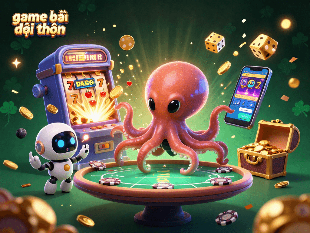 Engage with game bài đổi thưởng through a vibrant alien casino scene featuring dazzling slot machines and animated characters.