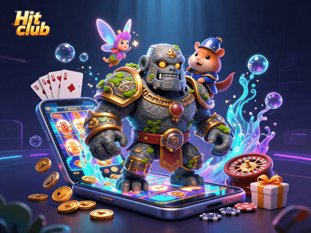 Hit club showcases a 3D golem, fairy, and hamster knight surrounded by casino elements.