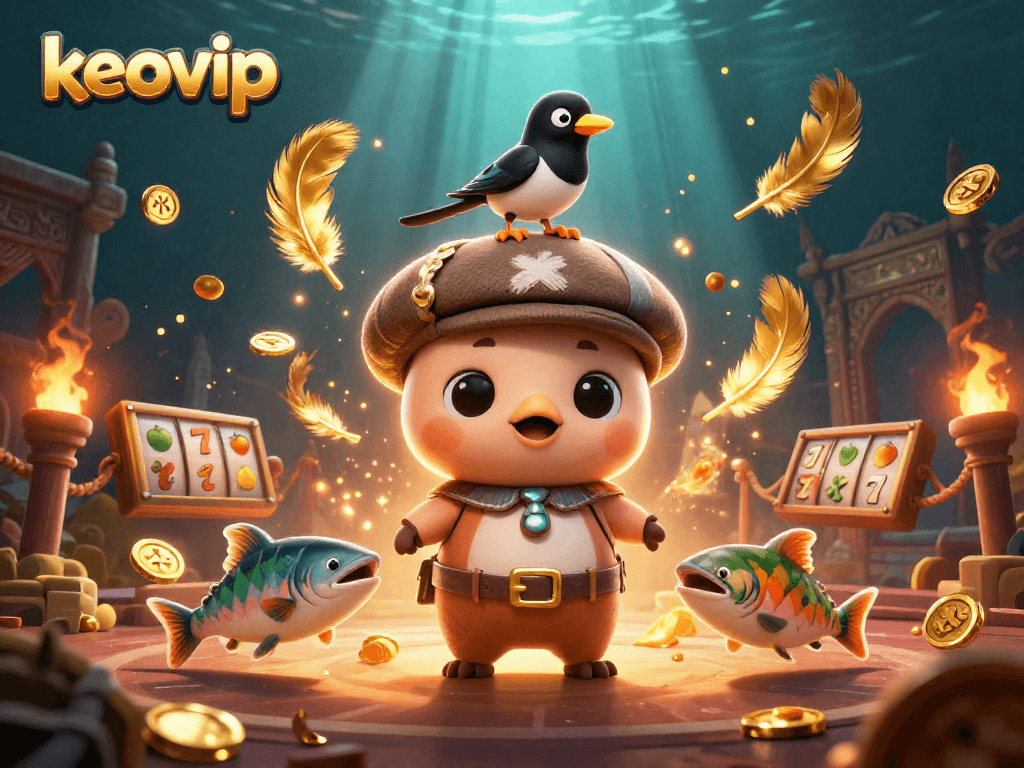 Engage with keovip's vibrant casino scene featuring cartoon characters and gaming elements.