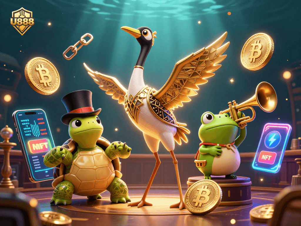 Play at U888 and win with exciting slots amidst vibrant casino-themed characters and neon crypto elements.