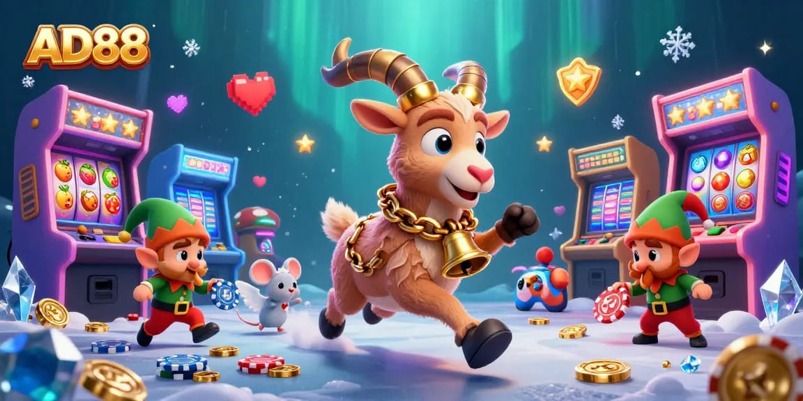 Play at AD88 with a lively casino scene featuring Krampus, gremlins, and angel mice in festive chaos.