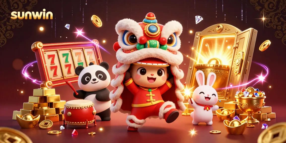 Engage in exciting celebrations featuring sunwin's lion dance and riches in a vibrant, dynamic scene.