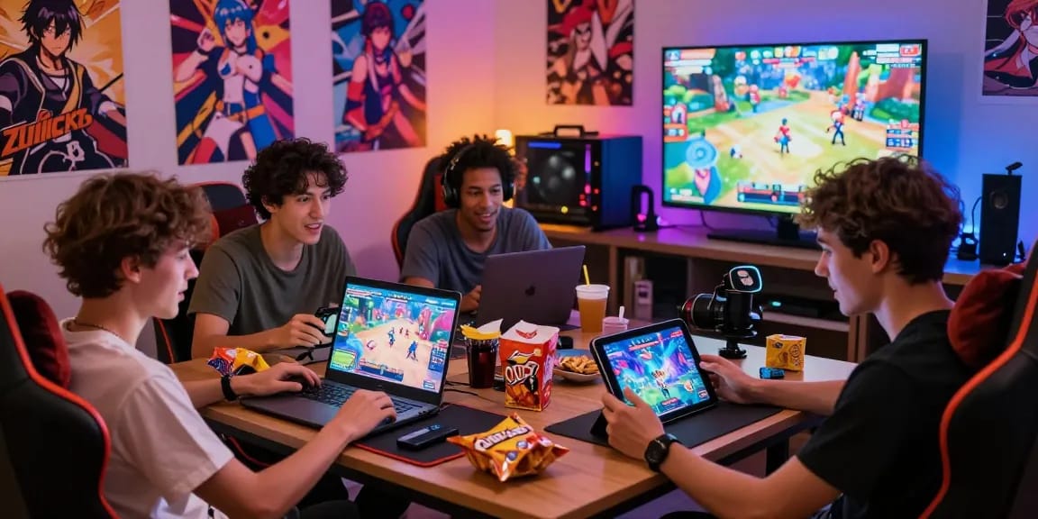 Young men playing gay hentai games in a lively gaming environment with vibrant anime decor.