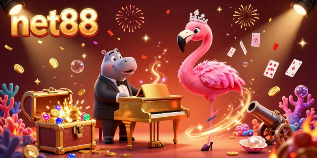 Experience vibrant net88 casino scenes with flamingo singer and hippo bassist immersed in gaming elements