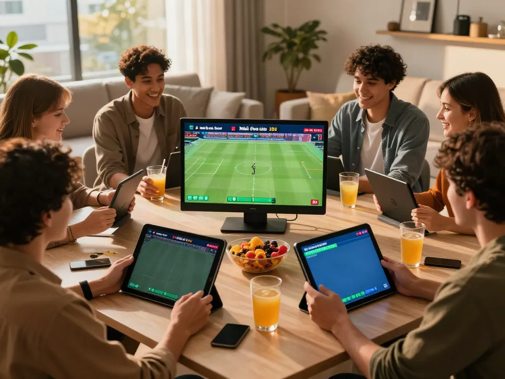 Exciting gathering of friends engaging with Nhà cái zbet during live sports events.