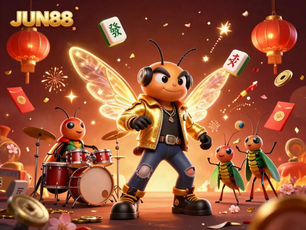Engaging 3D casino scene celebrating JUN88 with a cicada rock star and vibrant elements.