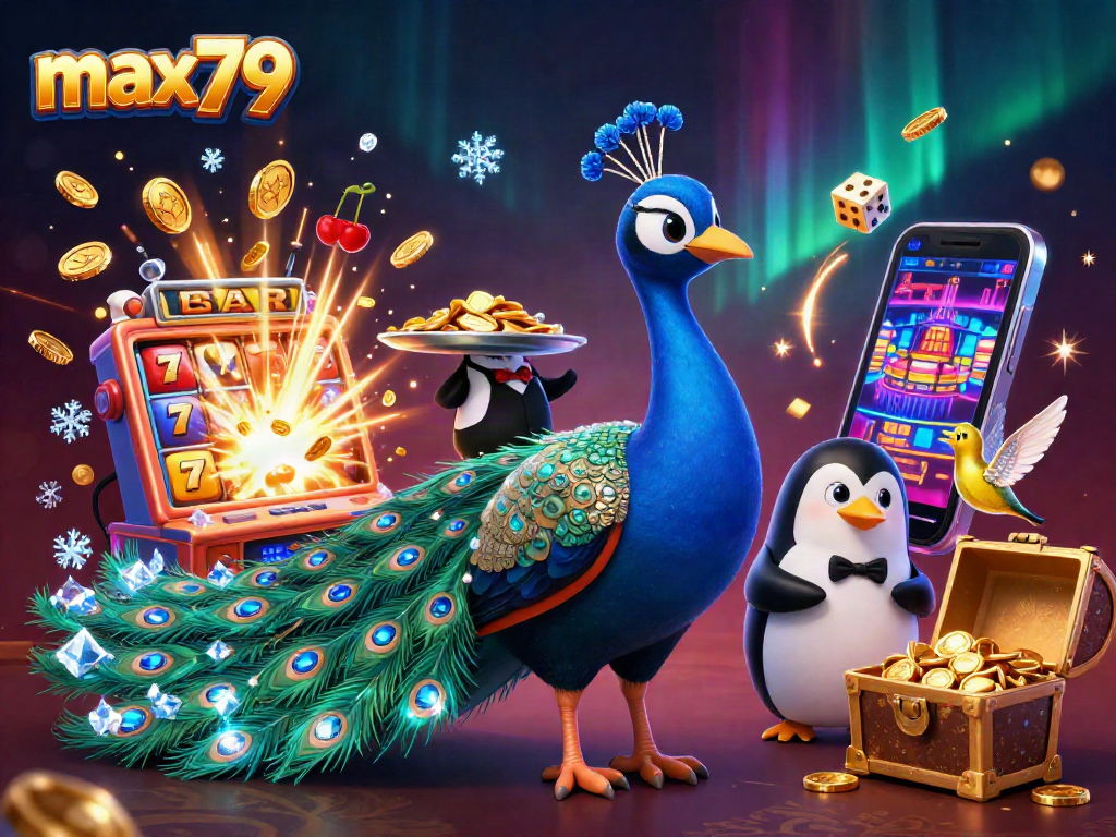 max79 showcases a vibrant casino scene with a peacock, penguin, and hummingbird amidst dynamic slot machine elements.