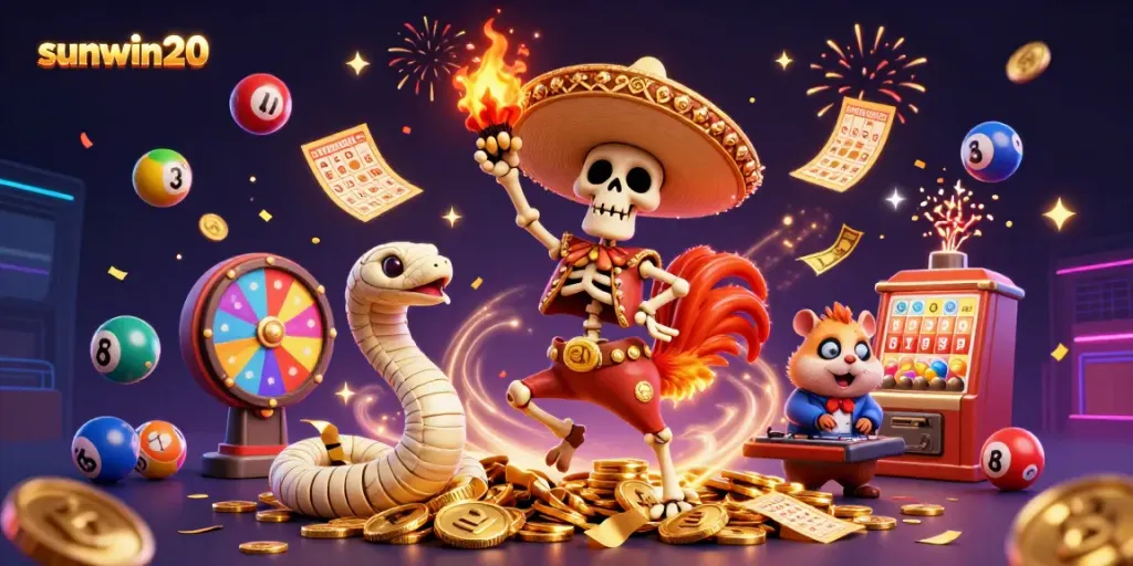 Celebrate with sunwin20 as a lively 3D mariachi rooster dances among vibrant gambling elements in a joyous casino atmosphere.