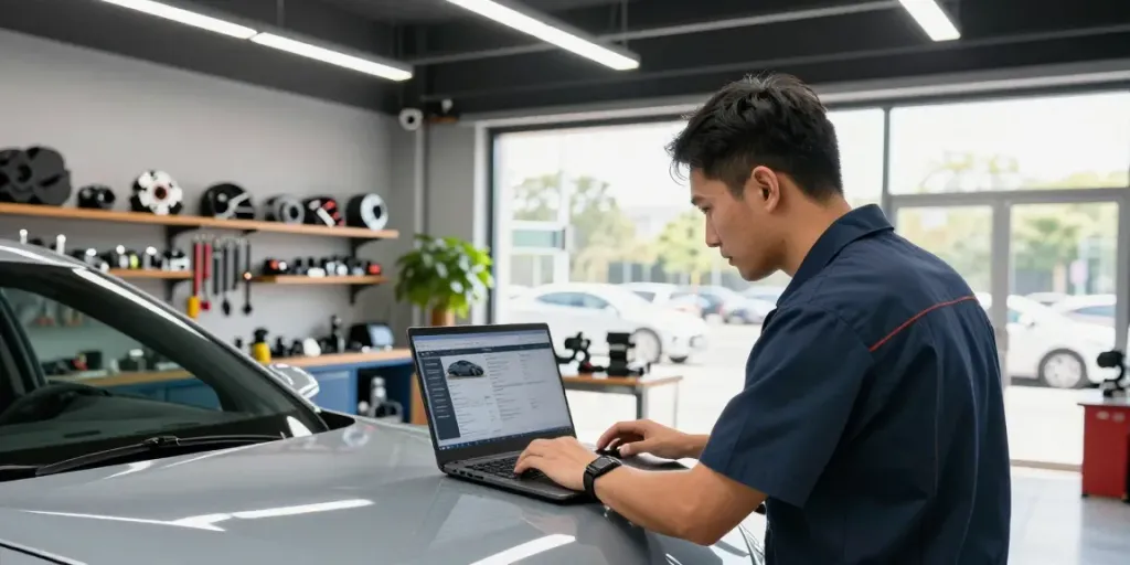 Engaging car review summaries in an automotive workshop setting with a mechanic analyzing a vehicle.