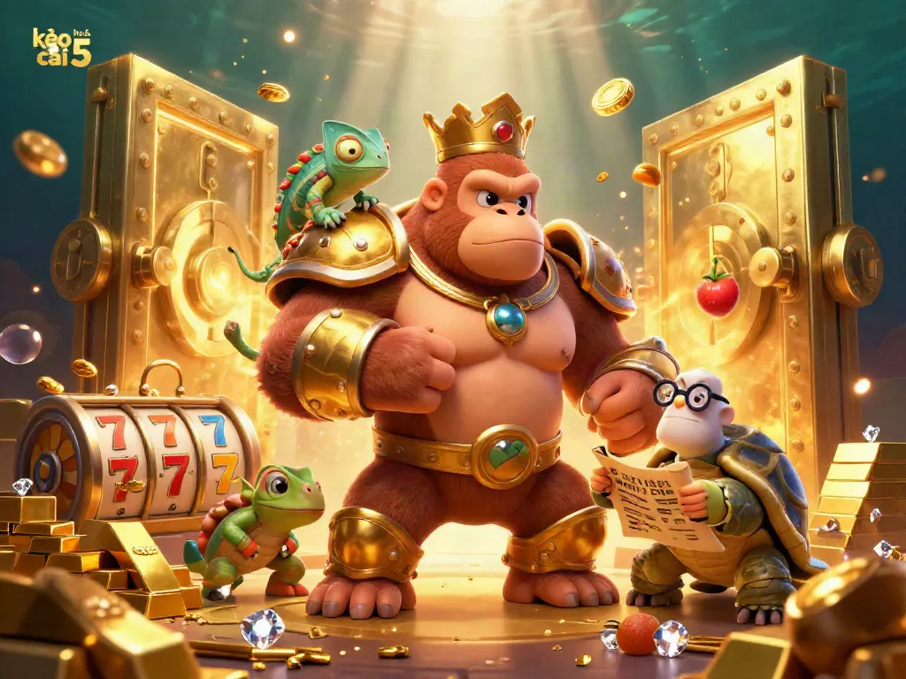Engage with kèo nhà cái 5 in a vibrant 3D illustration featuring a powerful gorilla king and thrilling gambling elements.