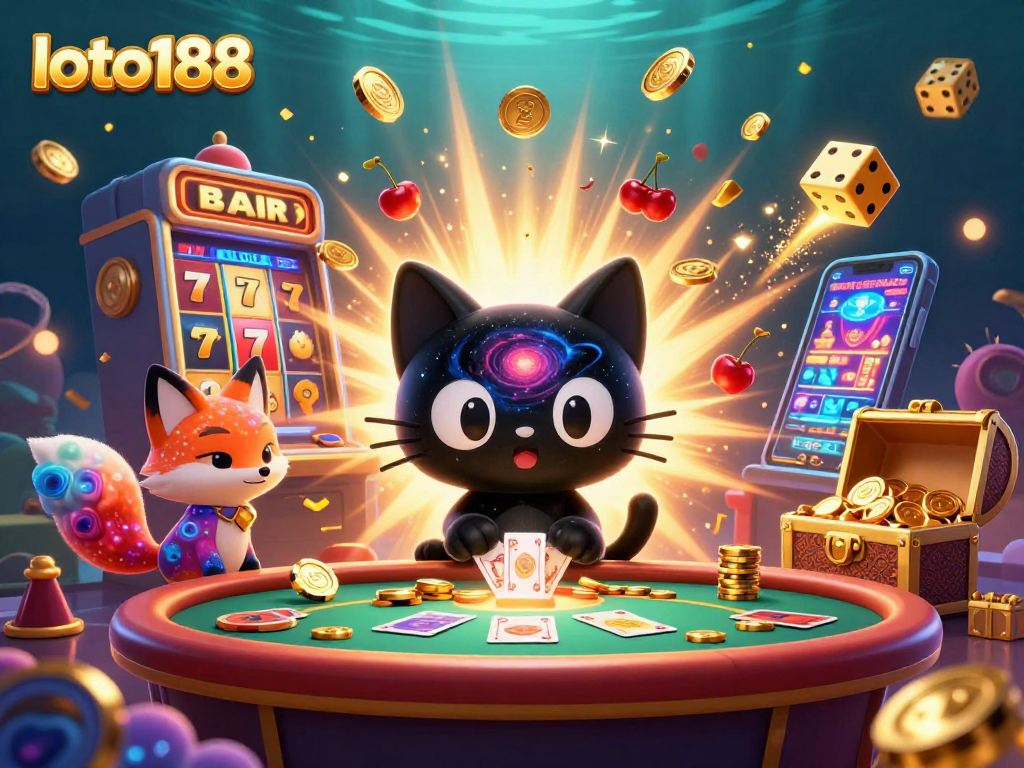 Engage with loto188's cosmic casino experience featuring a black hole cat and vibrant game elements.