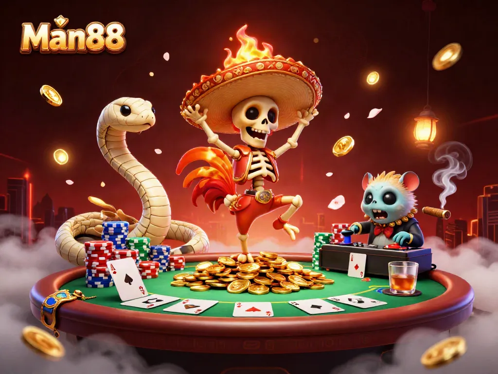 Engage with Man88's vibrant online casino scene featuring animated characters and poker elements.