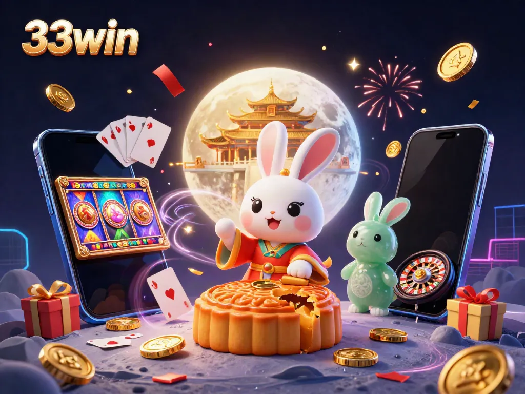 Win big with 33win as the moon rabbit reveals poker chips and mobile games in a vibrant casino scene.