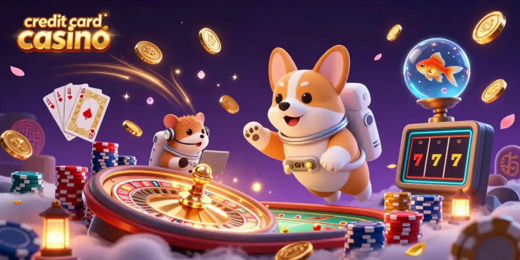 Floating corgi and hamster in a space casino exploring credit card casinos, with colorful gaming elements.