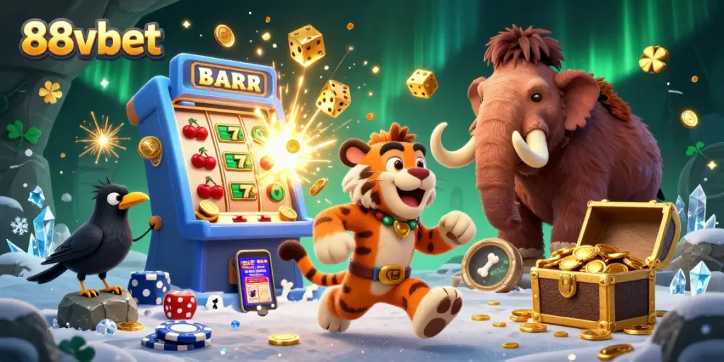 Experience thrilling gameplay with 88vbet's dynamic 3D cartoon casino scene, featuring a caveman and sabertooth duo.