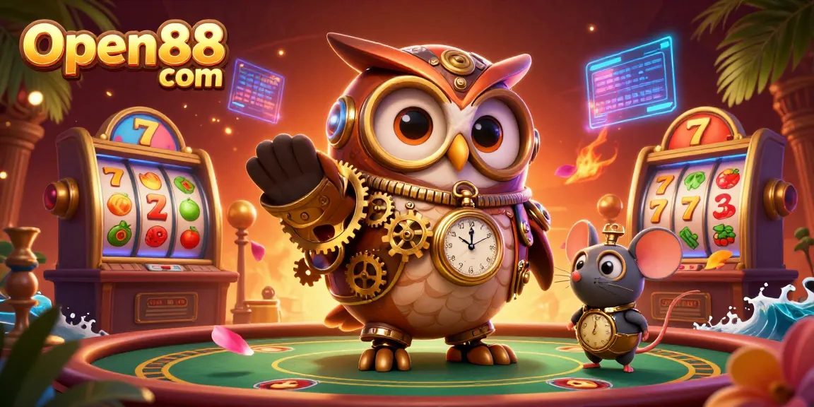 Explore thrilling moments at Open88 com with a time-traveler owl amidst vibrant casino elements.