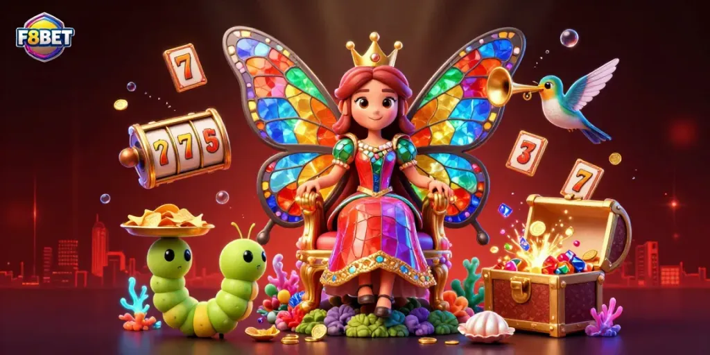 Experience thrilling wins with F8BET's vibrant casino illustration featuring a butterfly queen and treasure galore.