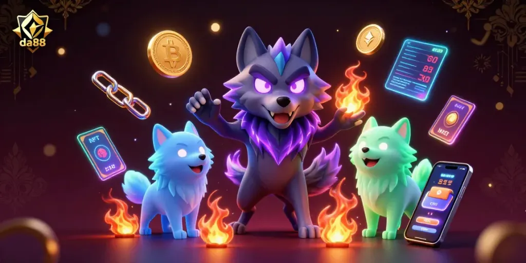 Bet on da88's thrilling casino experience with a dynamic illustration featuring wolf pack leaders and crypto-themed elements.