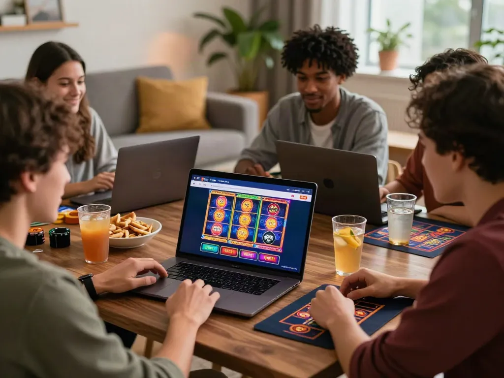 Engaging online gaming with friends at a casino not on gamestop, showcasing laptops and colorful game visuals.