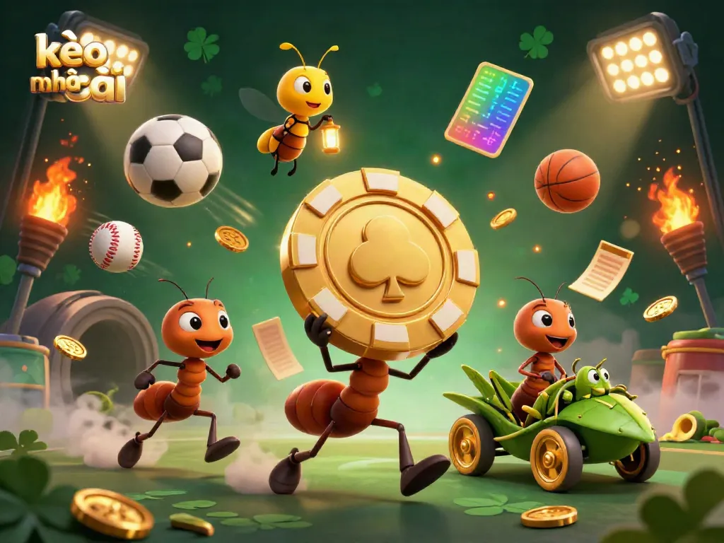 Ants executing a heist for kèo nhà cái golden poker chip amidst sports elements.