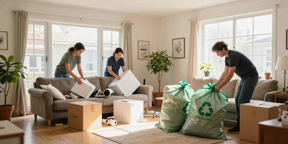 North London house clearance team removing clutter with eco-friendly methods in a bright living room.