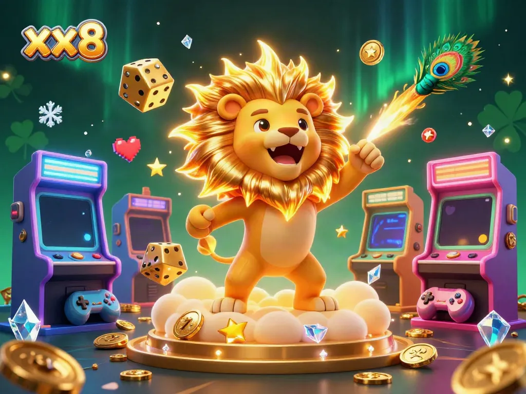 Experience the thrill of xx8 with a roaring sun lion and golden dice, amidst a vibrant casino scene.