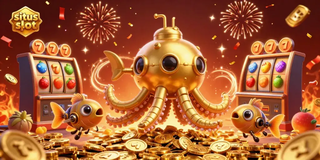 Play immersive games at situs slot featuring a golden kraken and jackpot symbols.