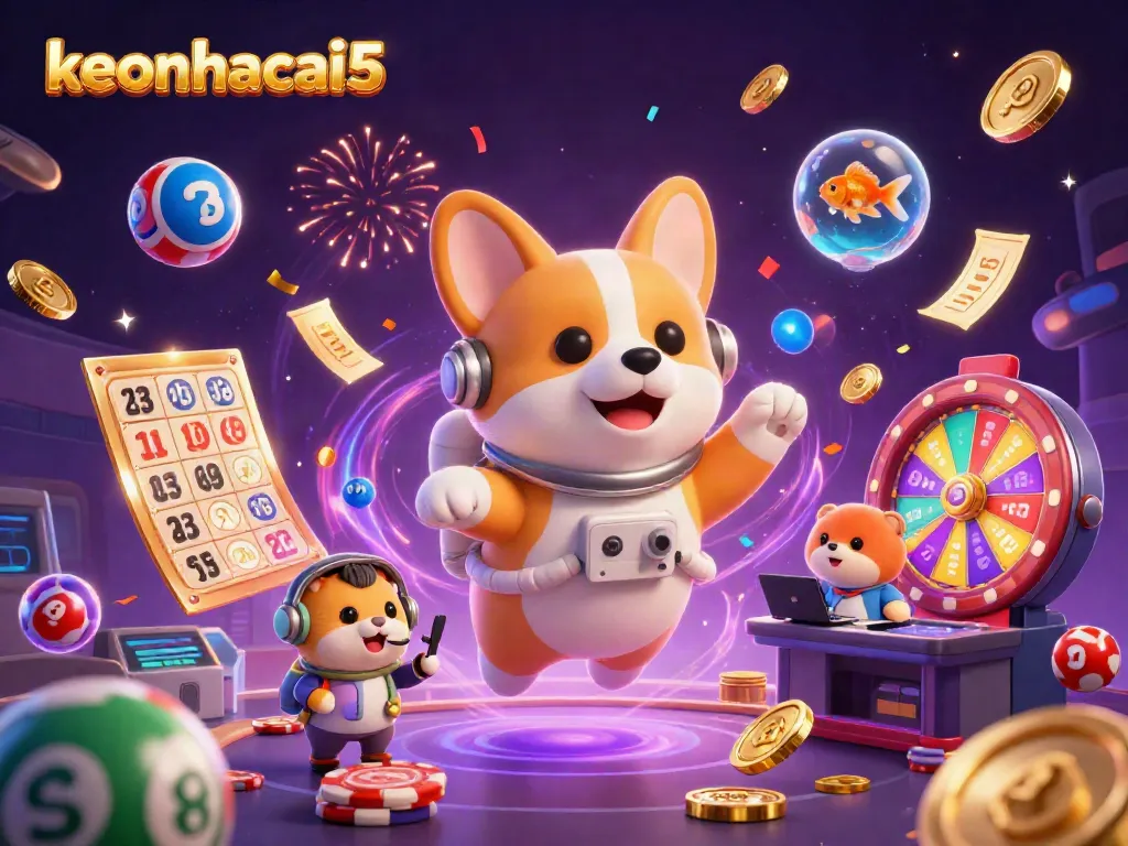 Experience the exciting action of keonhacai5 as an astronaut corgi navigates a floating casino, complete with vibrant gambling elements.