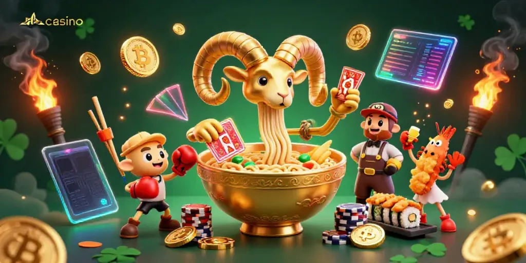 Engaging casino-themed illustration featuring a golden ramen bowl character and vibrant gaming elements.