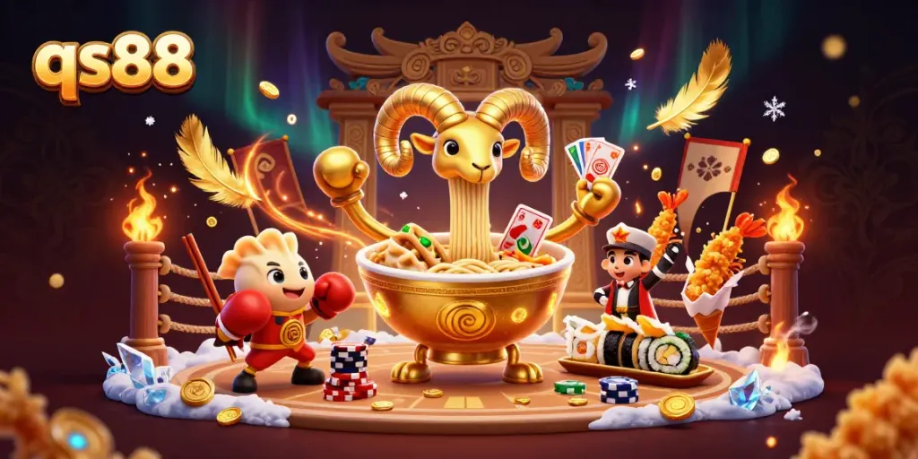 Engage with qs88's vibrant casino experience featuring a golden ramen bowl dealer and dynamic gameplay elements.