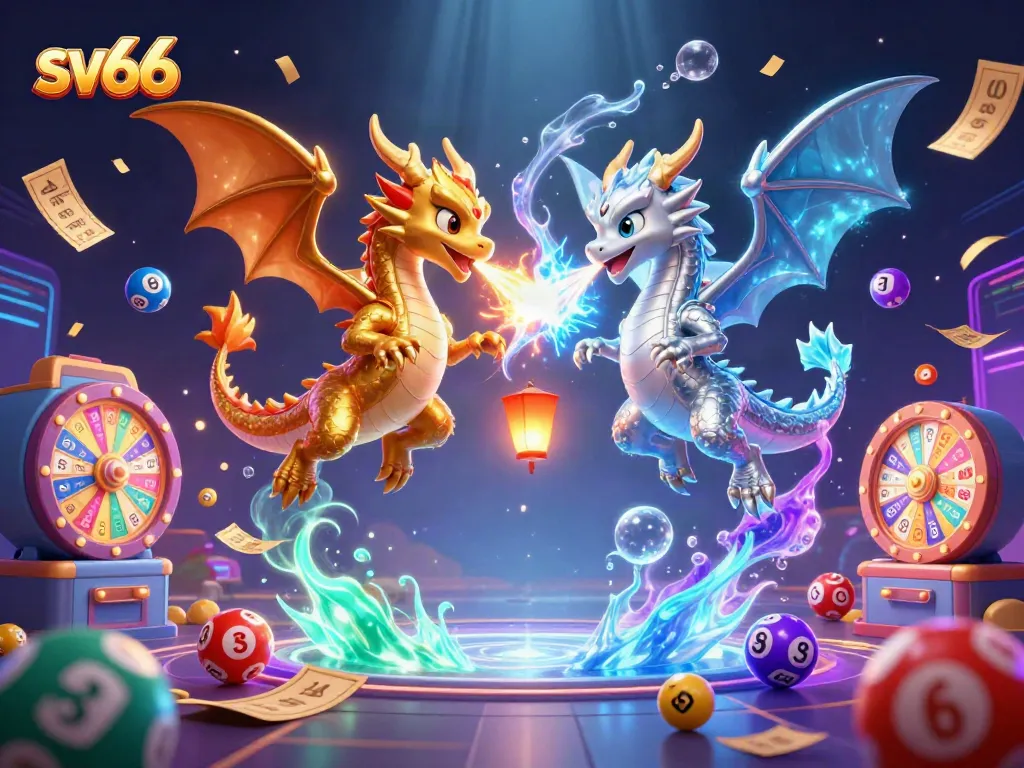 sv66 dragons breathing fire and ice, surrounded by vibrant lottery elements for casino play