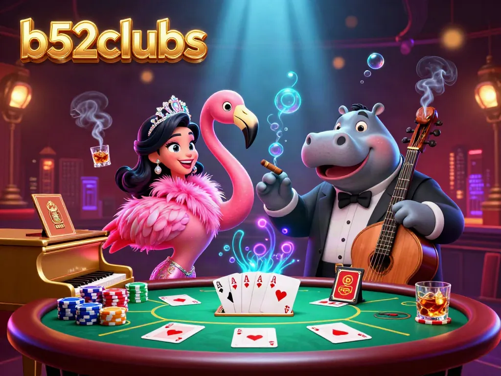 Experience exciting card games with b52clubs in a vibrant casino illustration featuring a flamingo singer and hippo bassist.