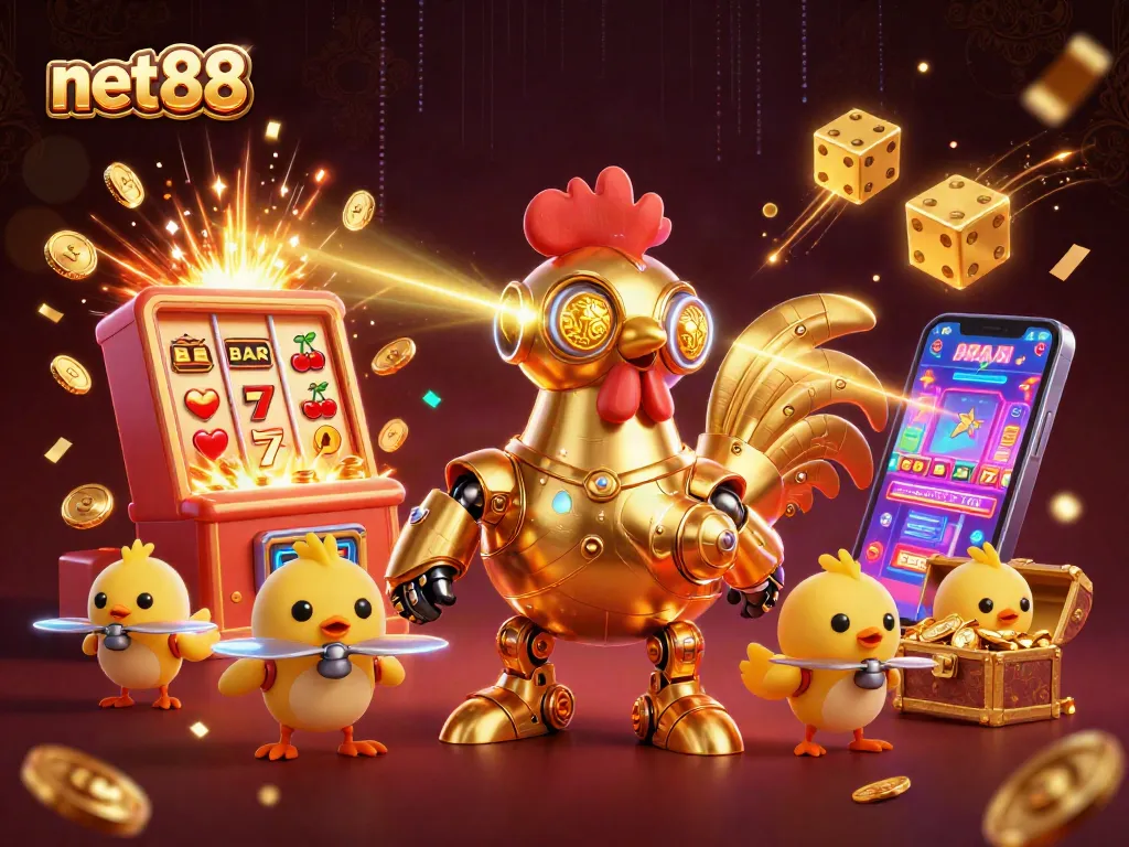 Experience thrilling gaming action with net88's golden rooster robot surrounded by jackpot elements.
