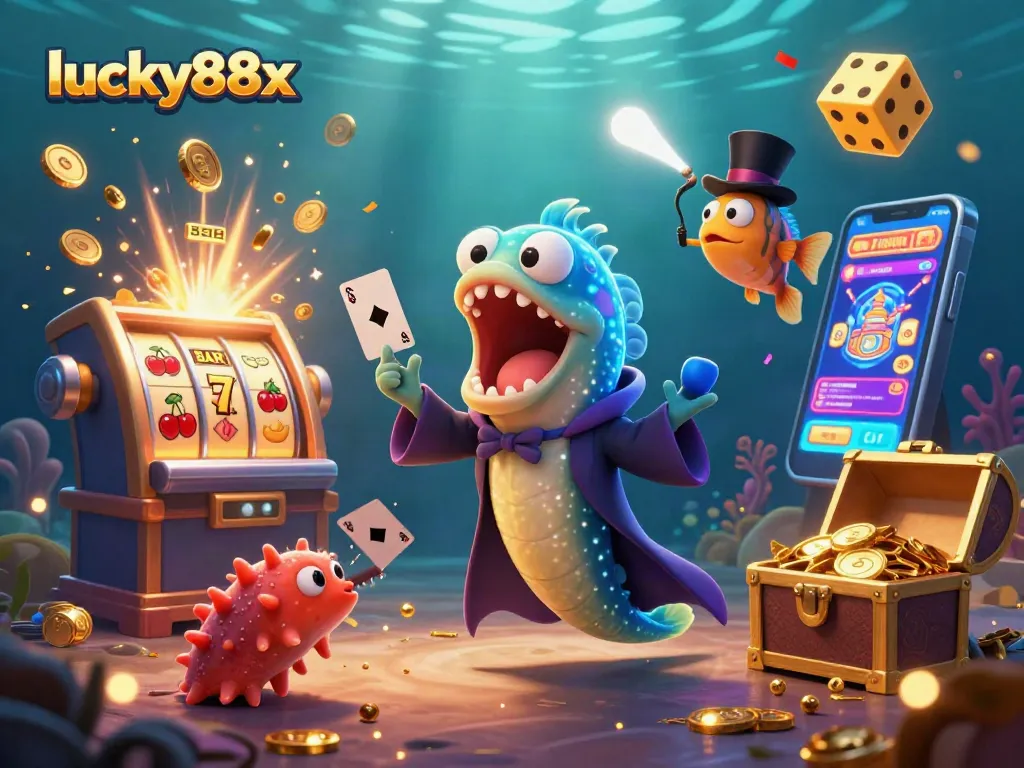 Experience the magic of gambling with lucky88x in a vibrant underwater casino illustration.