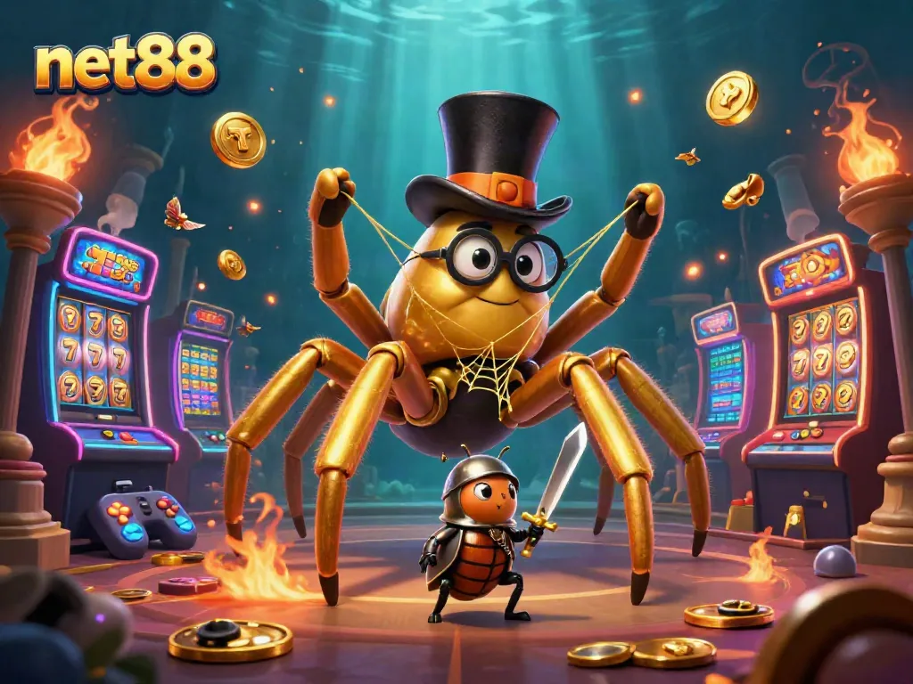 Engage with net88's vibrant casino atmosphere featuring a dynamic golden tarantula and beetle knight.