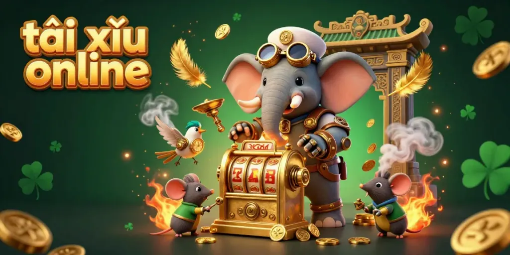 Tài xỉu online vibrant illustration featuring a steampunk elephant operating a golden slot machine in an enchanted casino setting.