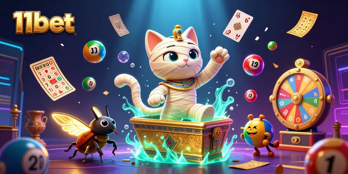 Engage with 11bet's vibrant casino atmosphere featuring a mummy cat and dynamic gaming elements.