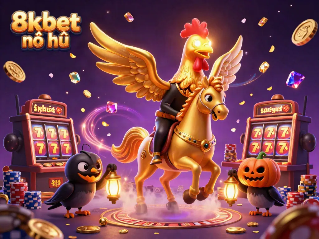 Experience the action of 8xbet nổ hũ with a golden rooster leading a magical casino adventure alongside festive characters.
