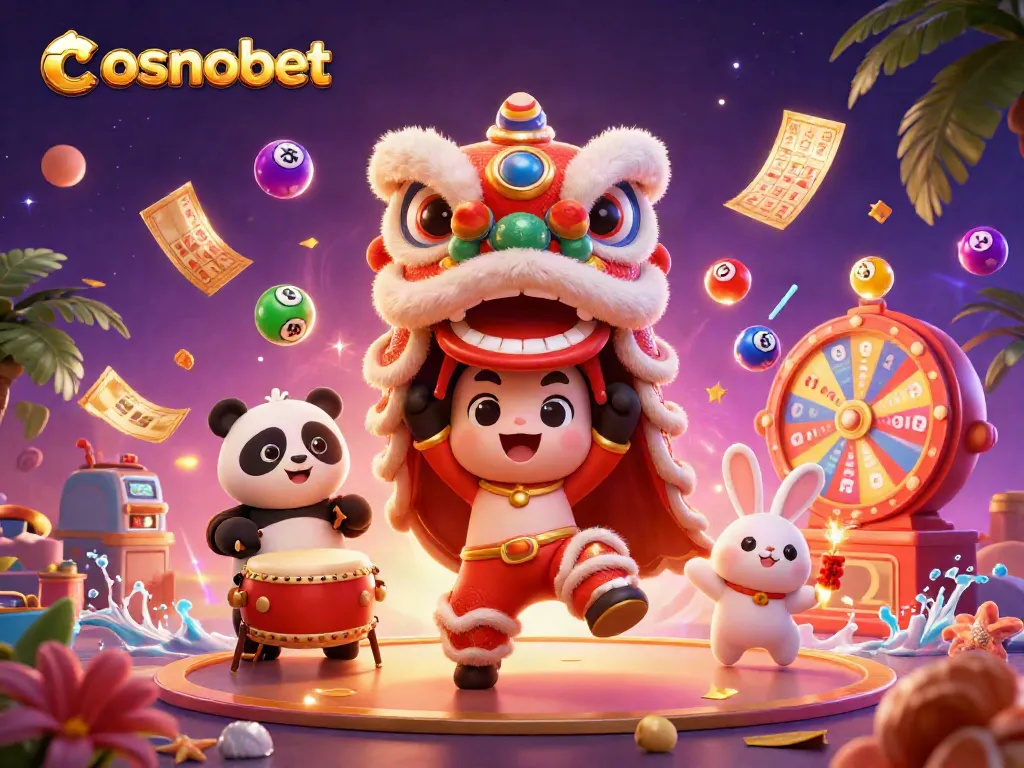 Engage with cosmobet's vibrant casino scene featuring a lion dance, colorful lottery balls, and dynamic gaming elements.