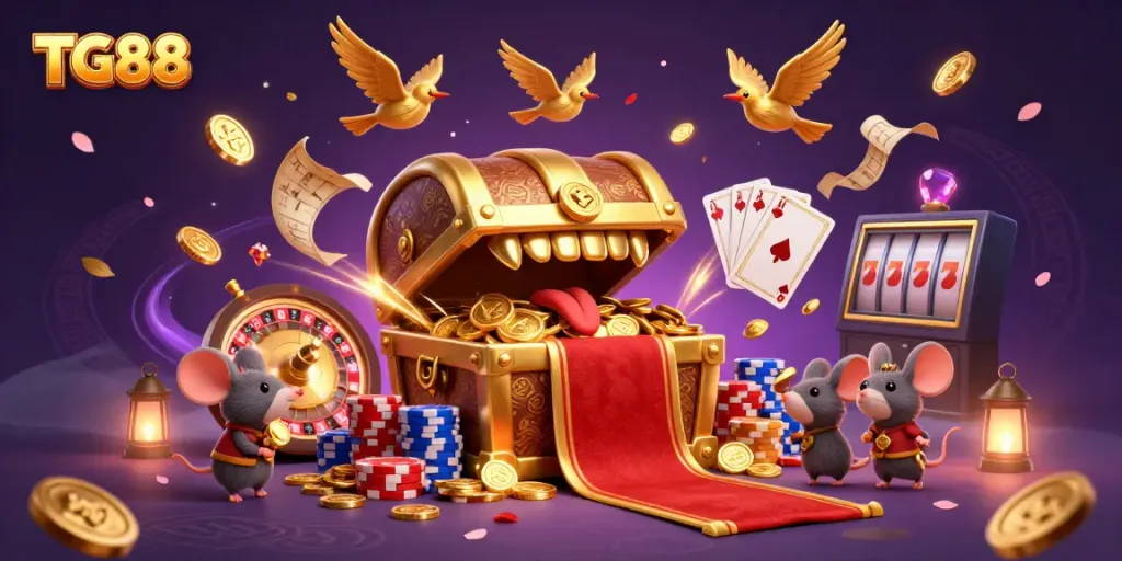 Engage with TG88's vibrant gambling world filled with golden treasures, casino games, and interactive excitement.