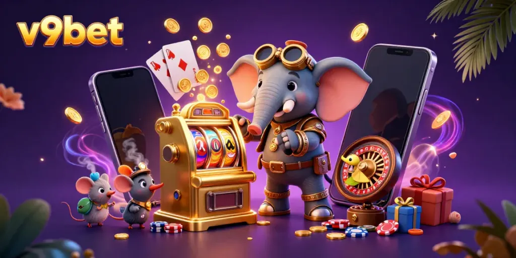 Engage with thrilling slots at v9bet using the vibrant steampunk illustration of an engineer and casino elements.