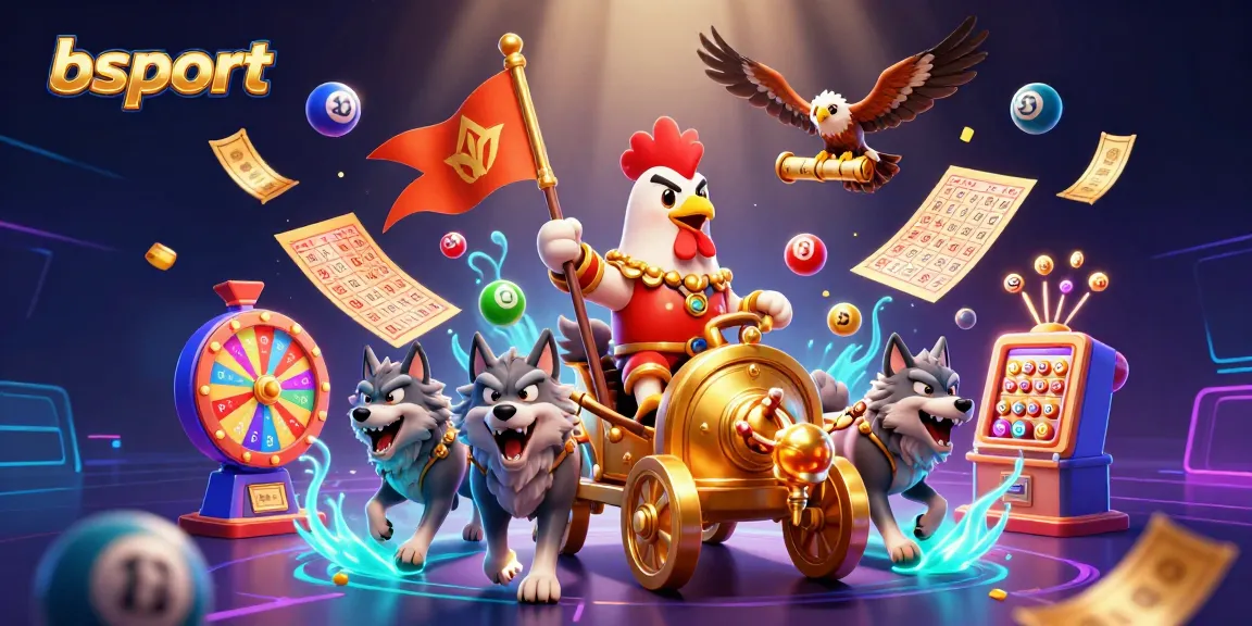 Join the excitement with bsport's dynamic lottery scene featuring vibrant characters and celebratory game elements.