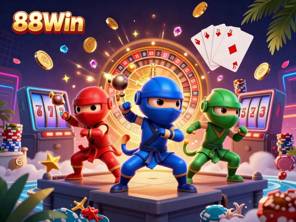 88Win showcases a dynamic 3D illustration of ninja chameleons amidst vibrant casino elements, captivating action and precision.