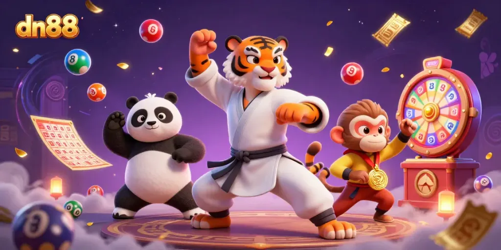 Engage with dn88's exciting gameplay with a vibrant 3D casino-themed illustration featuring animated characters and lottery elements.